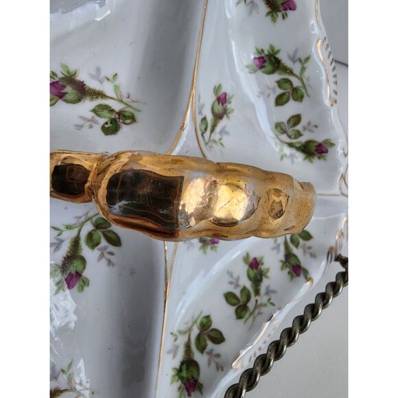 Norcrest Vintage Nut Candy Dish Rose Buds Gold Accents Handle 4 Sections - Picture 9 of 12